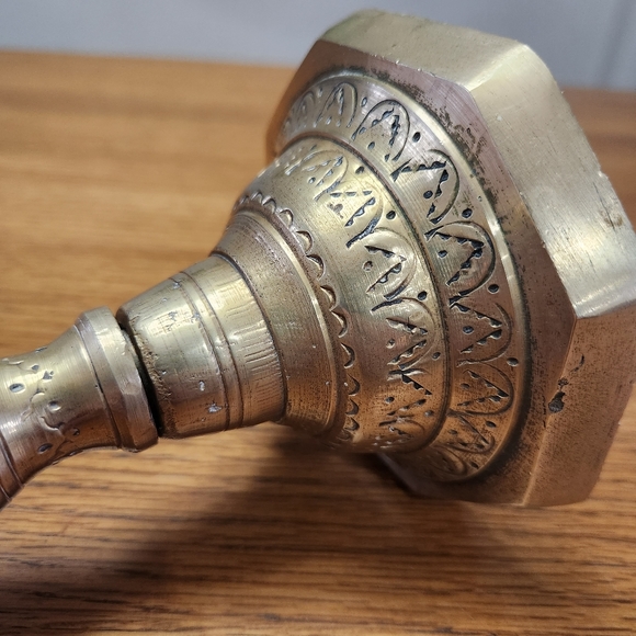 Antique Cast Brass Etched Candlestick Holder - Picture 8 of 11